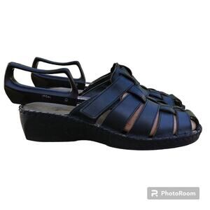 Duck Head Womens Fisherman Sandals Size 11M Black Leather Wedge Slip On Comfort